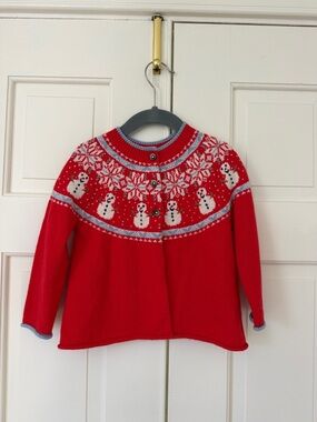 Baby Boden Red Snowman Fair Isle Knit Cardigan